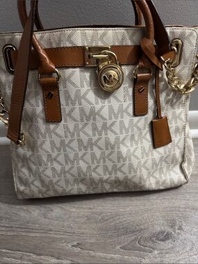 Michael Kors Cream Signature Canvas Shoulder Bag with Tan Leather Trim
